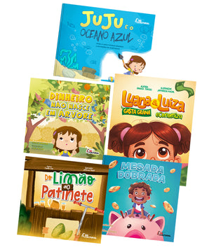 Kit 5 Livros Infantis Educação Financeira Crianças + Caixa Jogo da Memória e Brinde Super Leitores